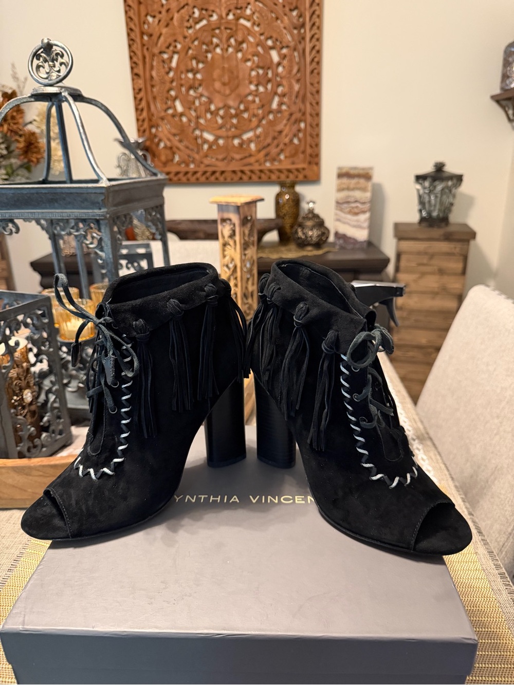 Cynthia Vincent Black Suede Peep-Toe Lace-Up Heeled Booties with Fringe